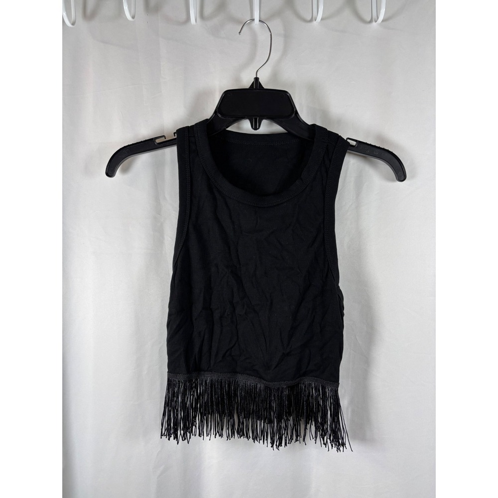 SHEIN Black Ribbed Tank Top with Fringe Trim Women's Size S